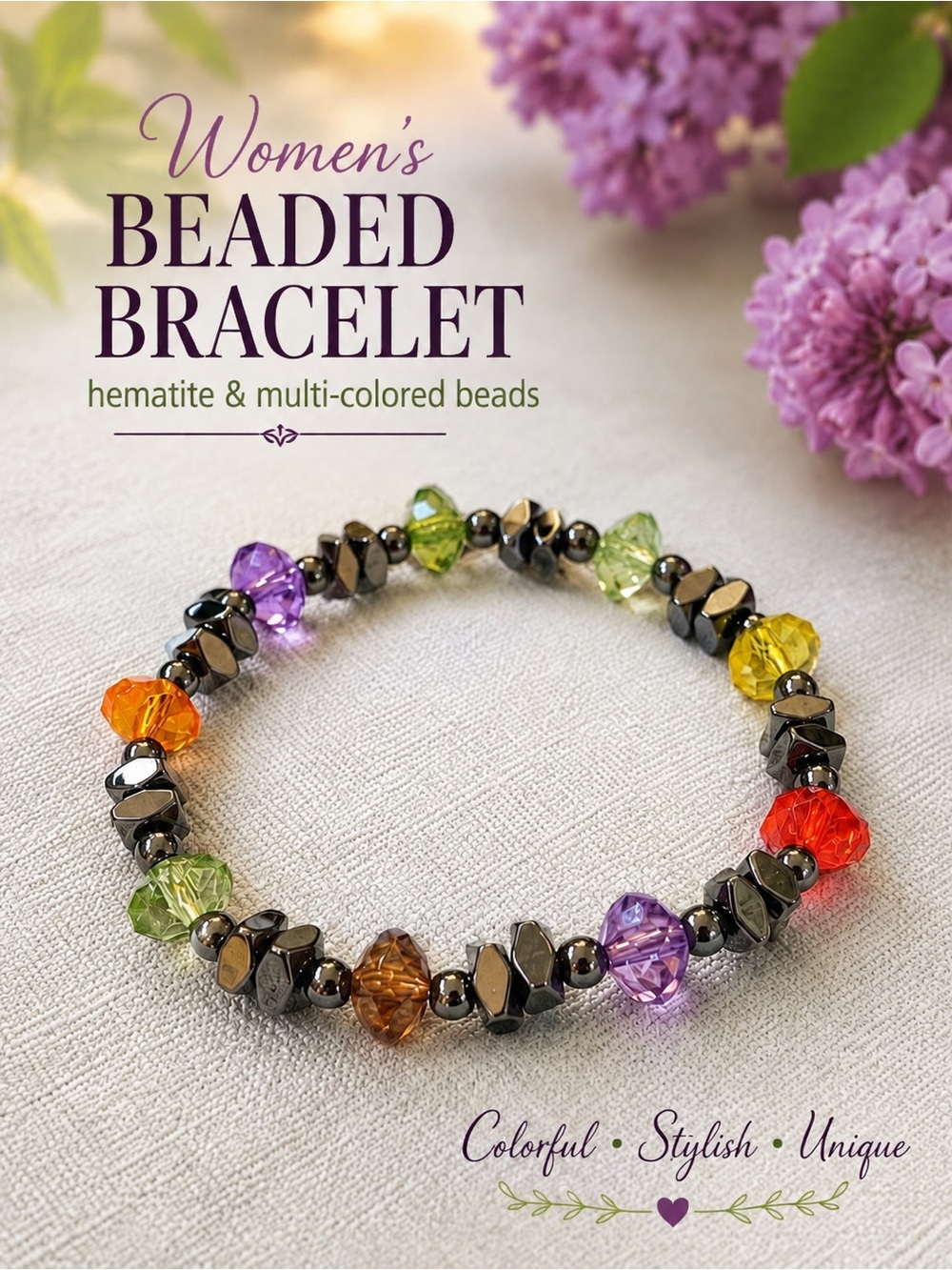 Women’s Multicolor Bead & Hematite Stretch Bracelet | Rainbow Bracelet